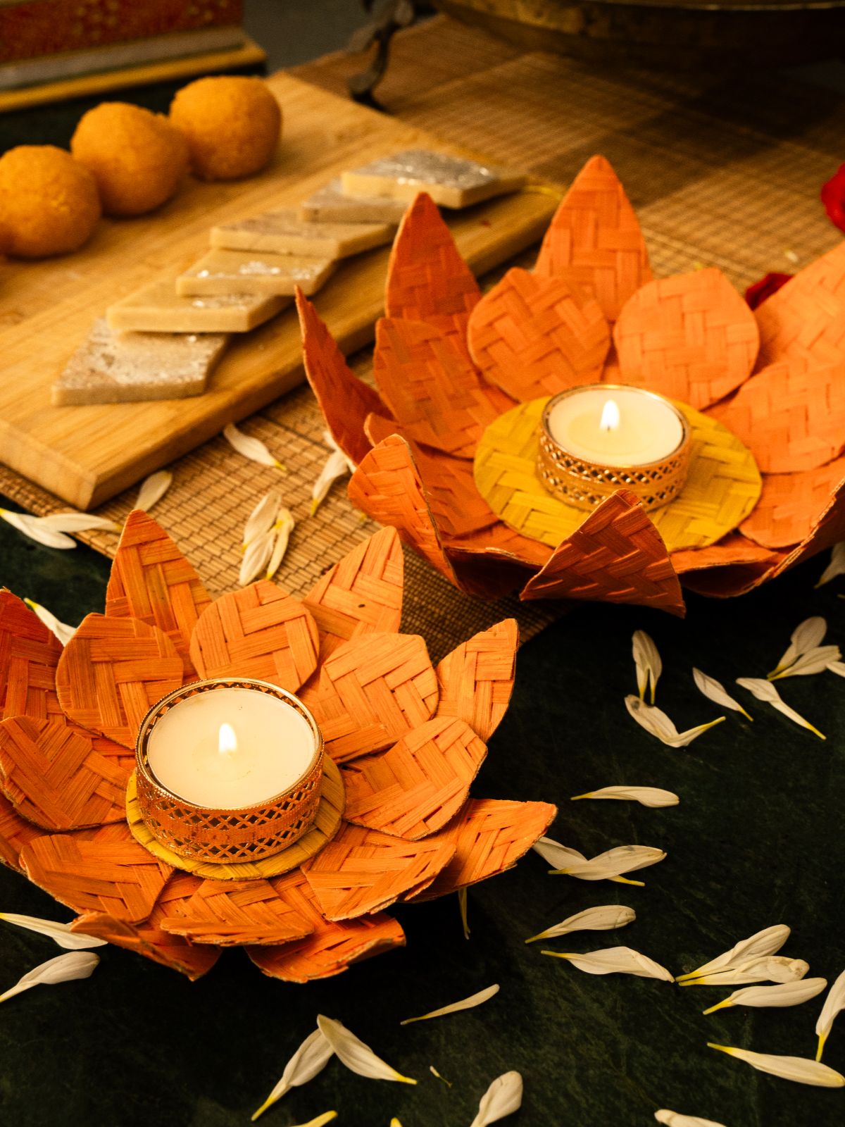 Lotus Handcrafted Bamboo Tealight Holder- Set of 2 - Greenkraft